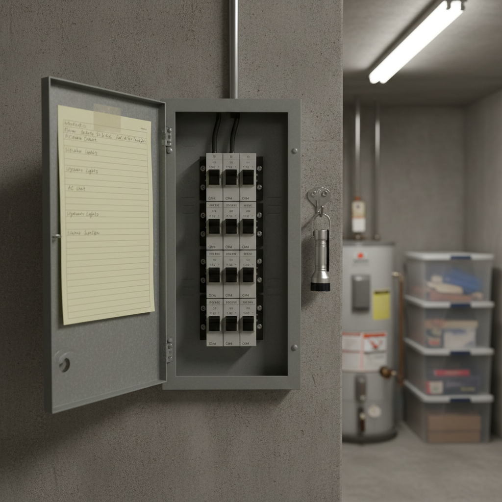 A realistic close-up of a standard home electrical panel with circuits clearly labeled on slightly yellowed paper, installed in a small, unfinished utility room. The metal door is open, revealing neatly arranged switches and a modest flashlight hanging on a hook beside it. Concrete walls, an old but reliable water heater, and stacked storage bins fade into a soft blur in the background. Overhead fluorescent lighting casts an even, practical glow, with mild shadows that emphasize the panel’s structure without making the scene dramatic. Shot straight on at eye level, photographic realism, the composition feels honest and unpolished, conveying a sense of quiet competence and readiness in an ordinary home setting.