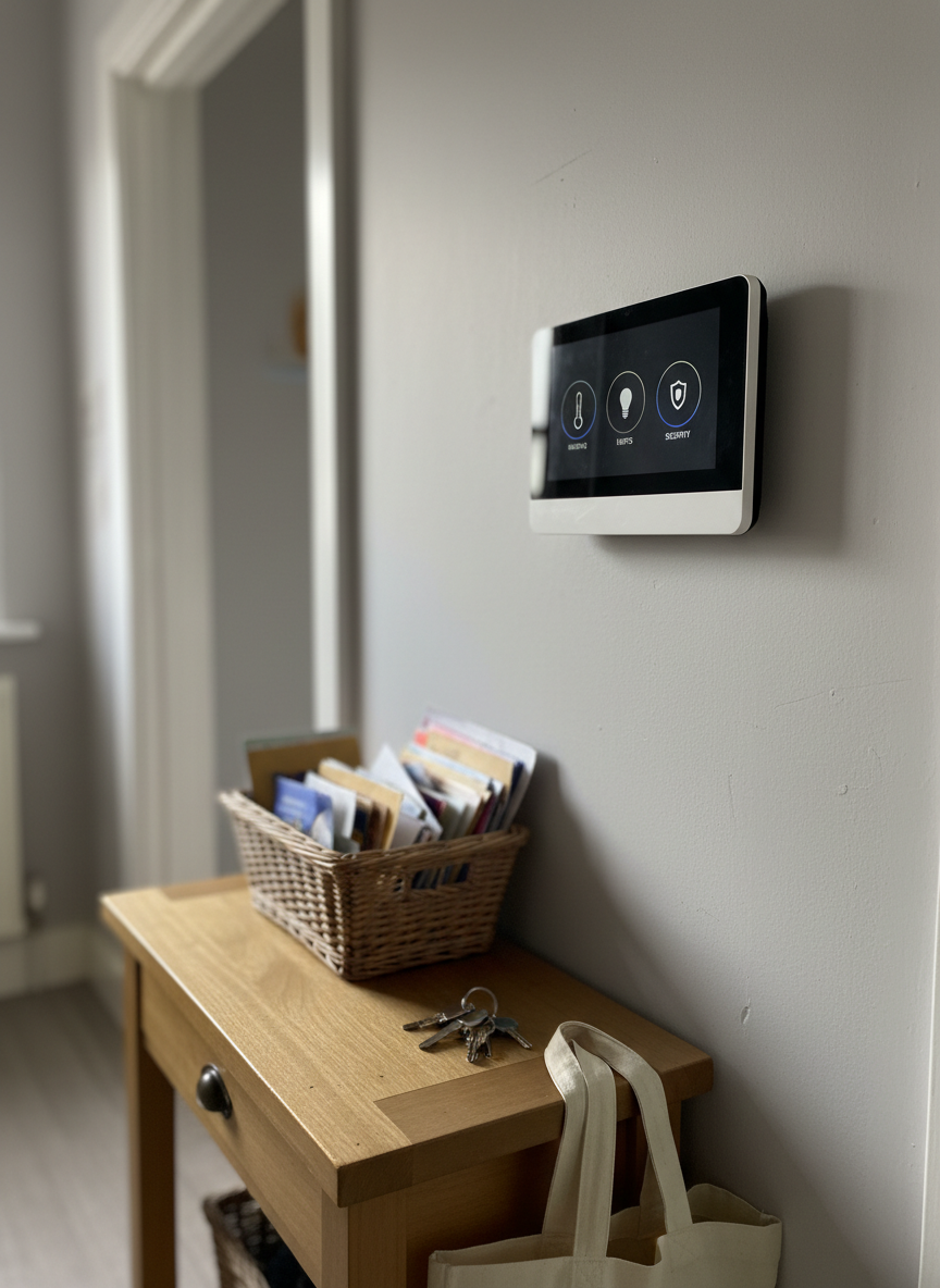 A neatly organized smart home control hub mounted on a light gray wall in a modest, lived-in hallway. The main focus is a clean, modern touchscreen panel displaying simple icons for heating, lights, and security, surrounded by slightly worn but tidy white trim. Below it, a small wooden console table holds a basket of unsorted mail, a set of keys, and a practical canvas tote bag. Soft, diffused afternoon light filters in from an unseen side window, casting gentle shadows and highlighting subtle scuffs on the wall. Photographic realism, eye-level composition with a shallow depth of field keeps the control panel sharp while the rest of the home blurs softly, creating a calm, reassuring mood of everyday life being quietly under control.