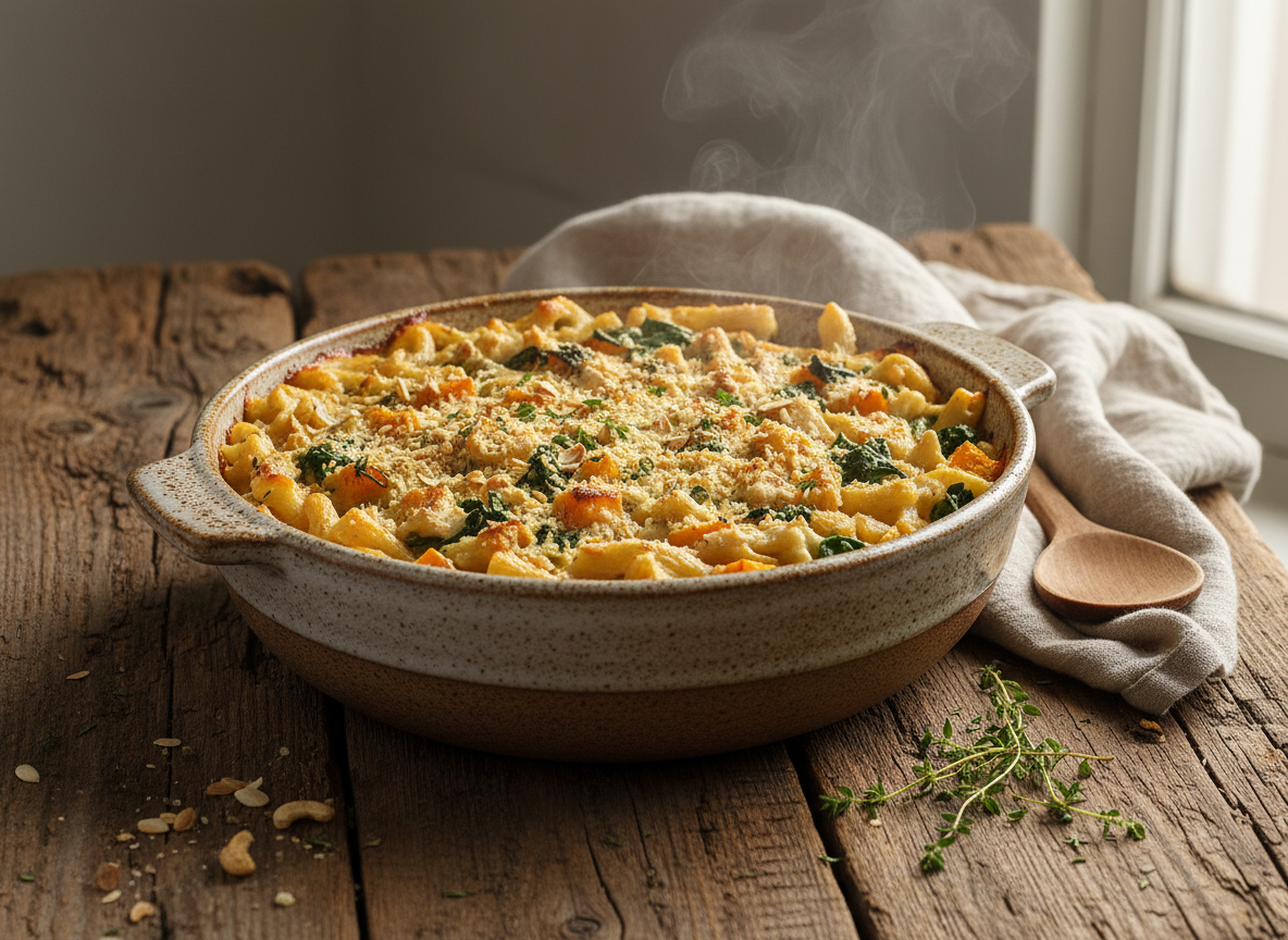 A hearty better-for-you creamy pasta bake in a rustic dish