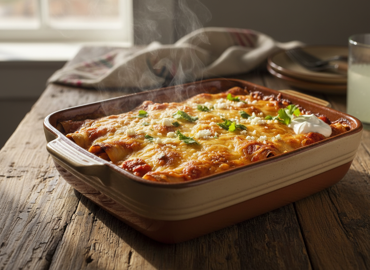 A family-style tray of baked enchiladas fresh from the oven