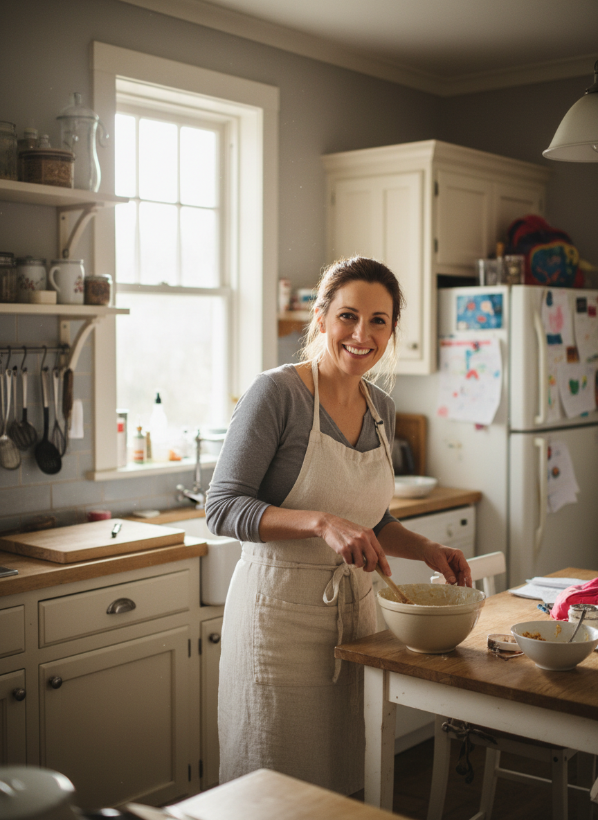 Ashlee, a working mom, in her home kitchen holding a wooden spoon