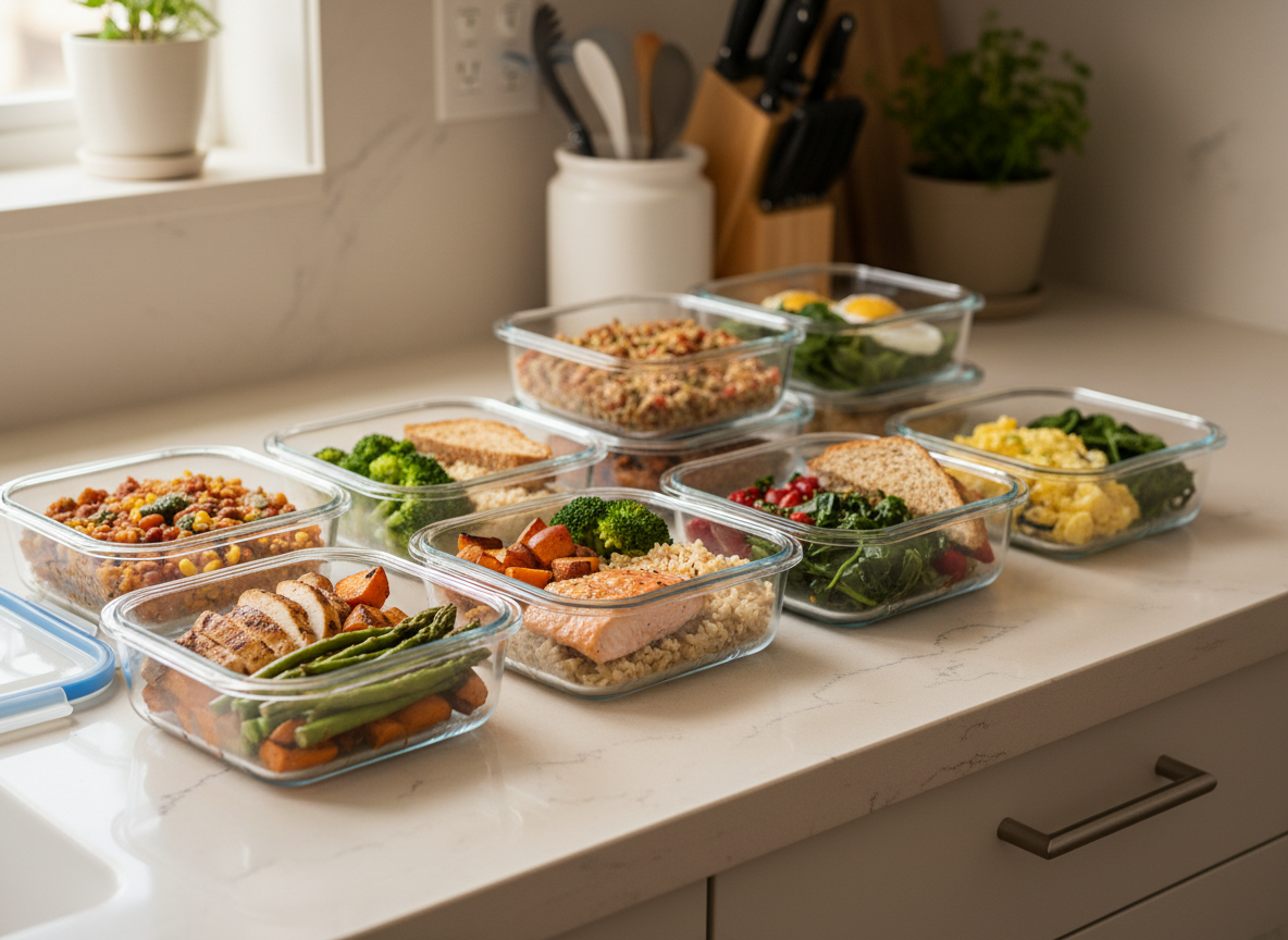 Glass meal prep containers filled with balanced portioned meals on a counter