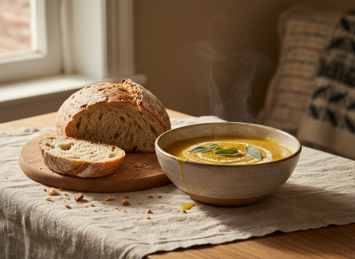 A cozy bowl of homemade soup with crusty bread