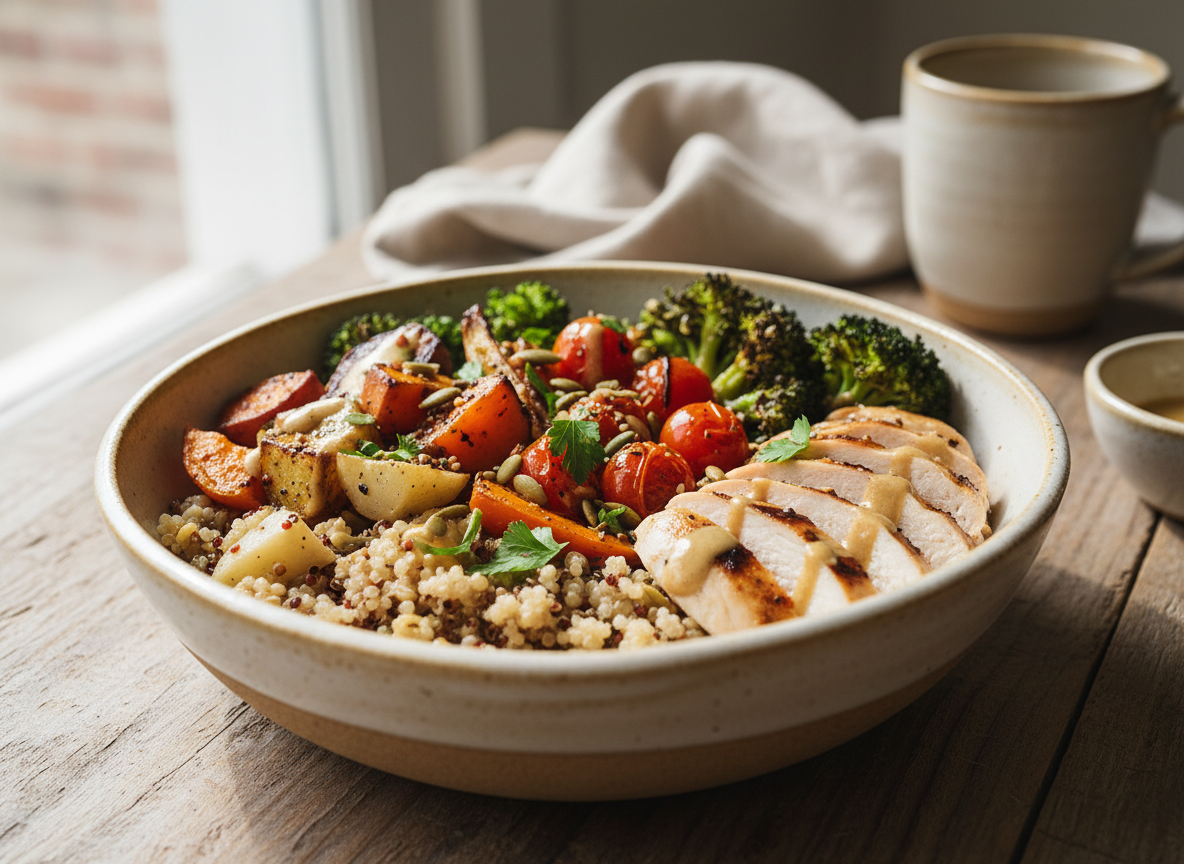 A simple grain bowl with roasted veggies and protein in a ceramic bowl