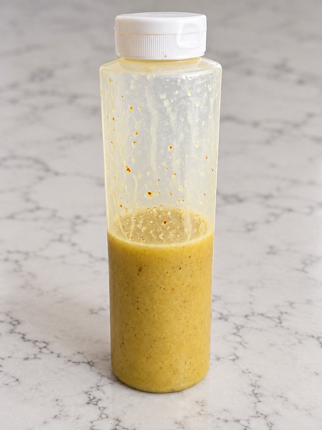Homemade lemon Dijon honey vinaigrette in a glass bottle.