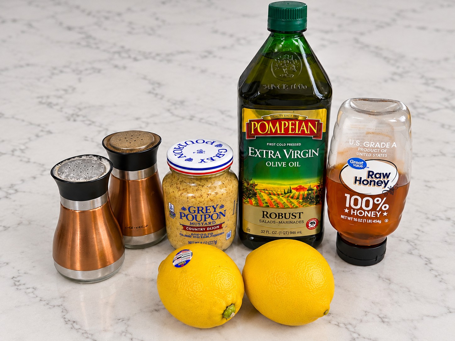Ingredients for homemade lemon Dijon honey vinaigrette