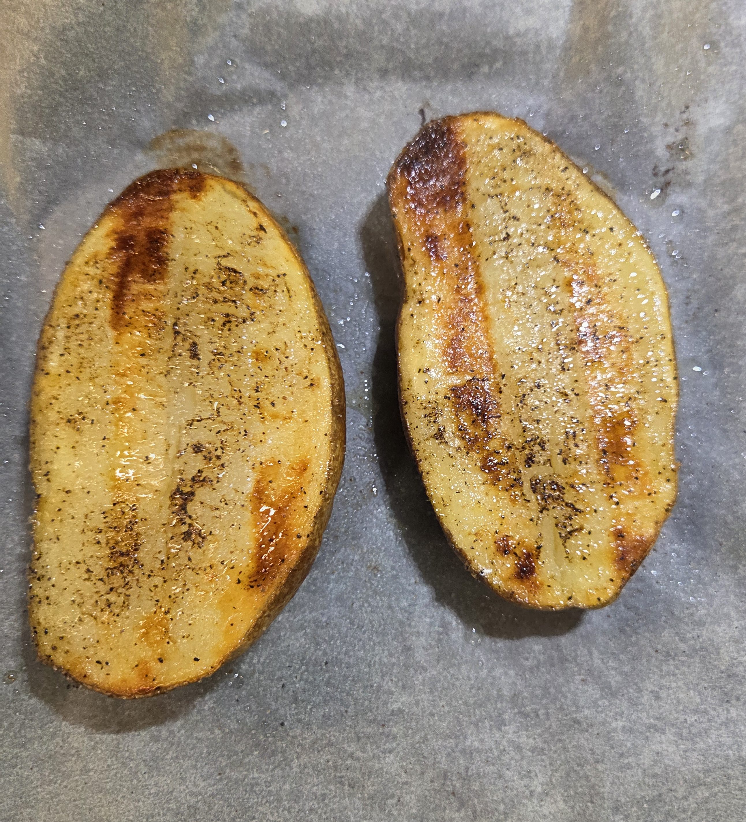 Crispy baked potato halves fresh out of the oven